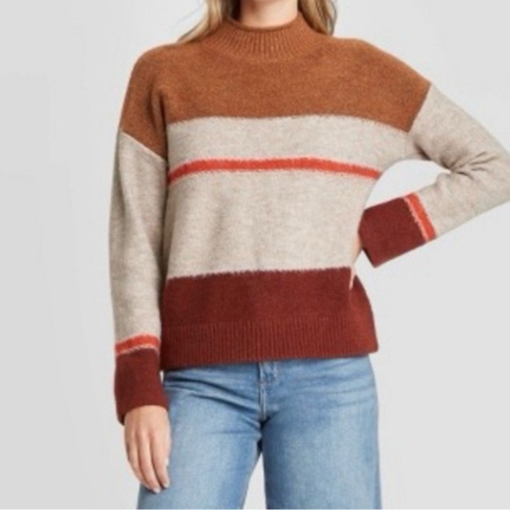 Universal Thread Women's Striped Turtleneck Sweater - Brown, Cream, Red